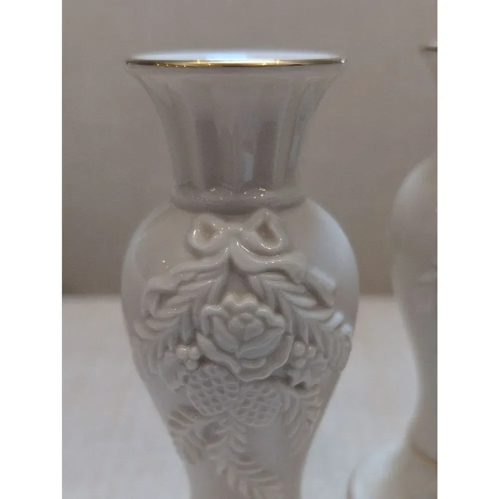 Vintage Lenox Winter Bouquet Pair of Candlestick Holders 24K Gold Trim